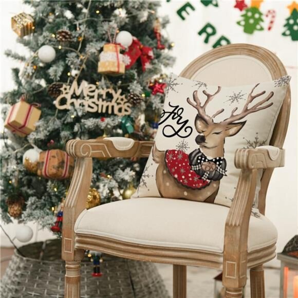 Christmas Snowman Reindeer Gloves Eucalyptus Red Throw Pillow Covers, 20 x 20 In - Picture 5 of 7